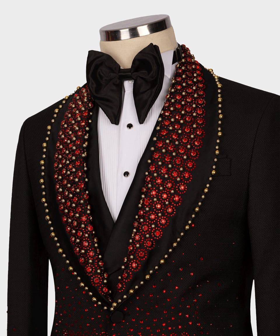 ORIGINAL MILANO –3Pcs Black & Ruby Crystal Statement Tuxedo Jacket