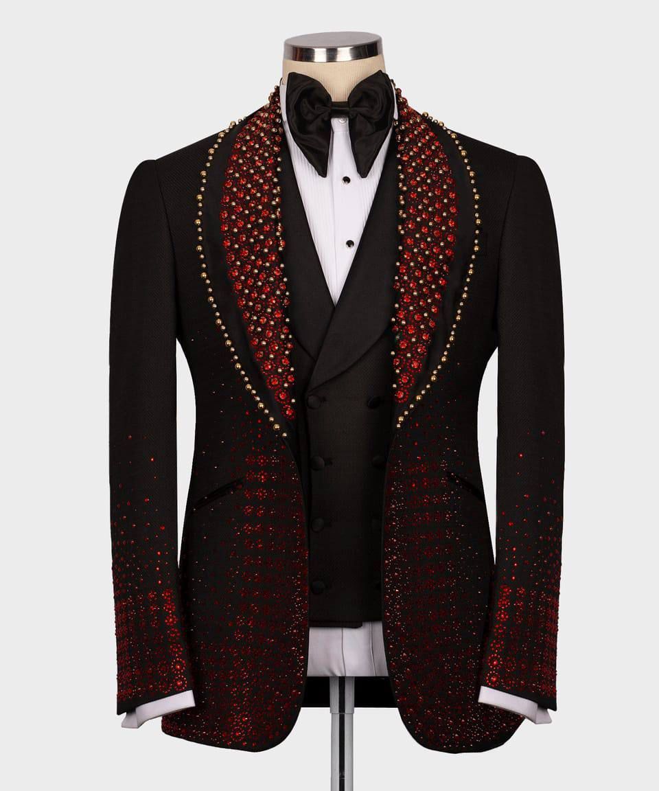ORIGINAL MILANO –3Pcs Black & Ruby Crystal Statement Tuxedo Jacket