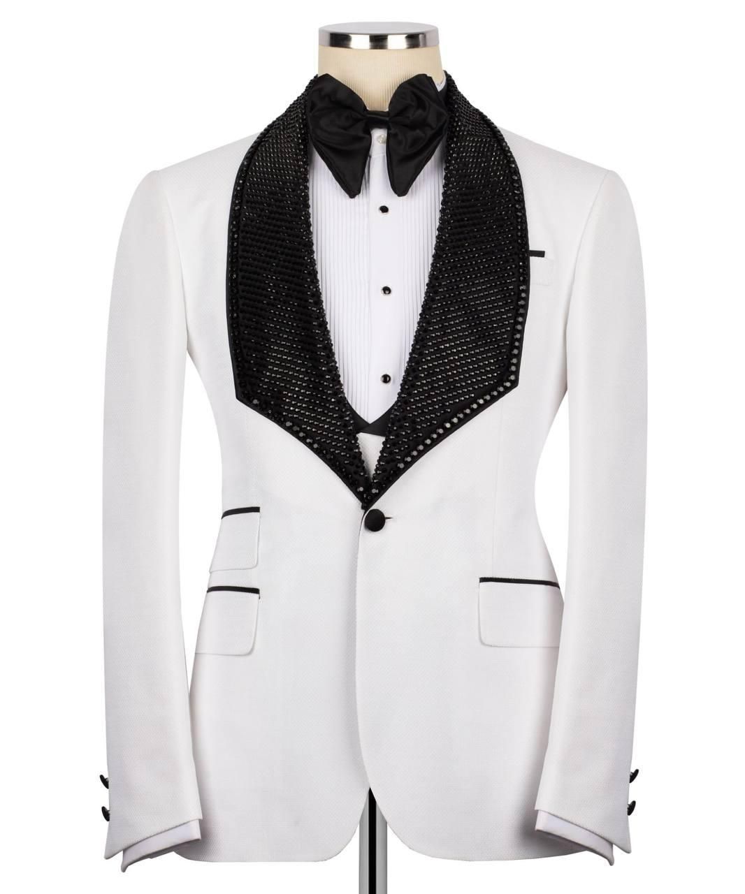 ORIGINAL MILANO –3Pcs White & Black Crystal Shawl Tuxedo Jacket