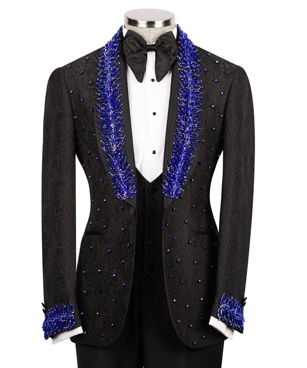 ORIGINAL MILANO – Royal Blue Crimson Embellished Tuxedo Jacket