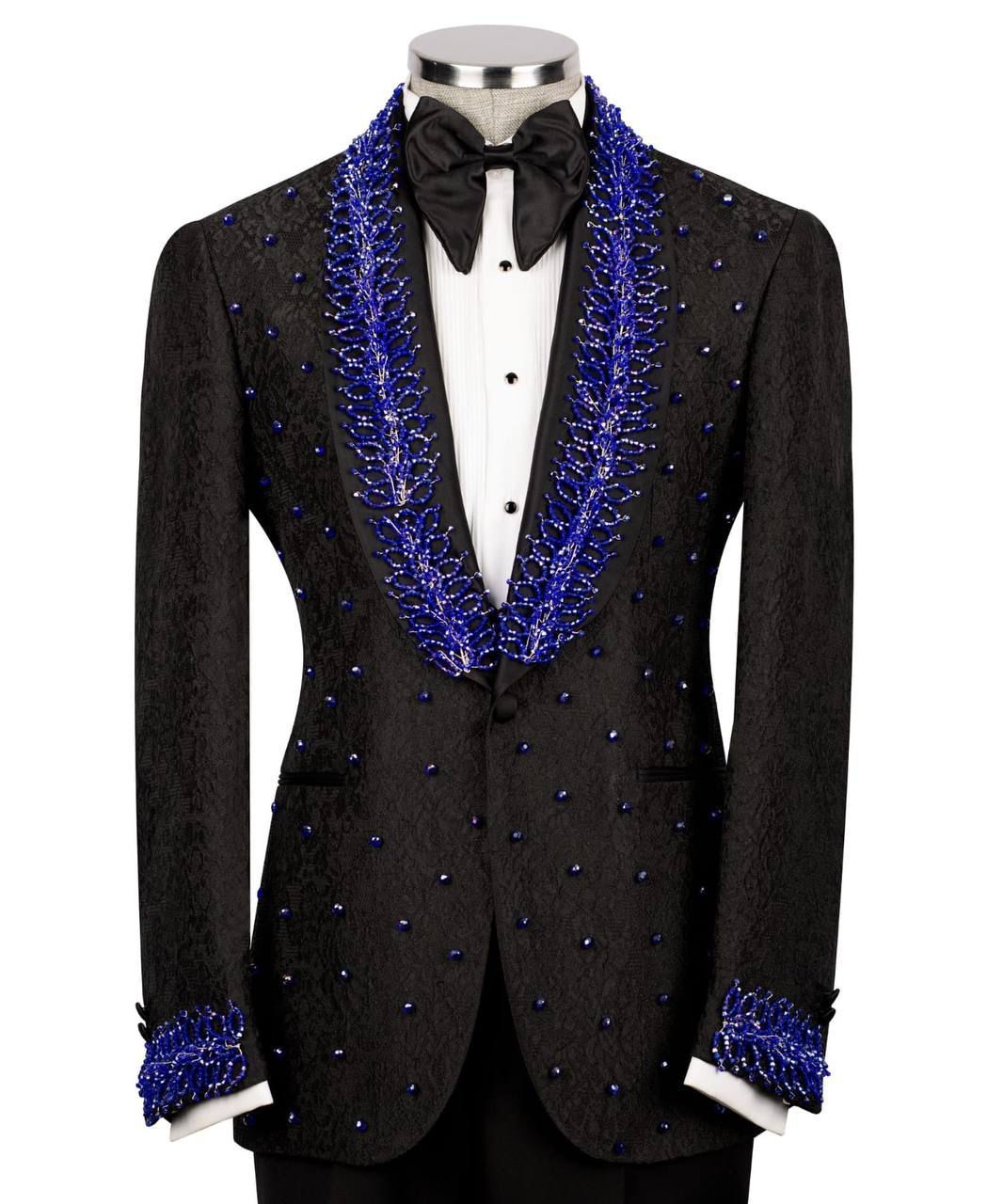 ORIGINAL MILANO – Royal Blue Crimson Embellished Tuxedo Jacket