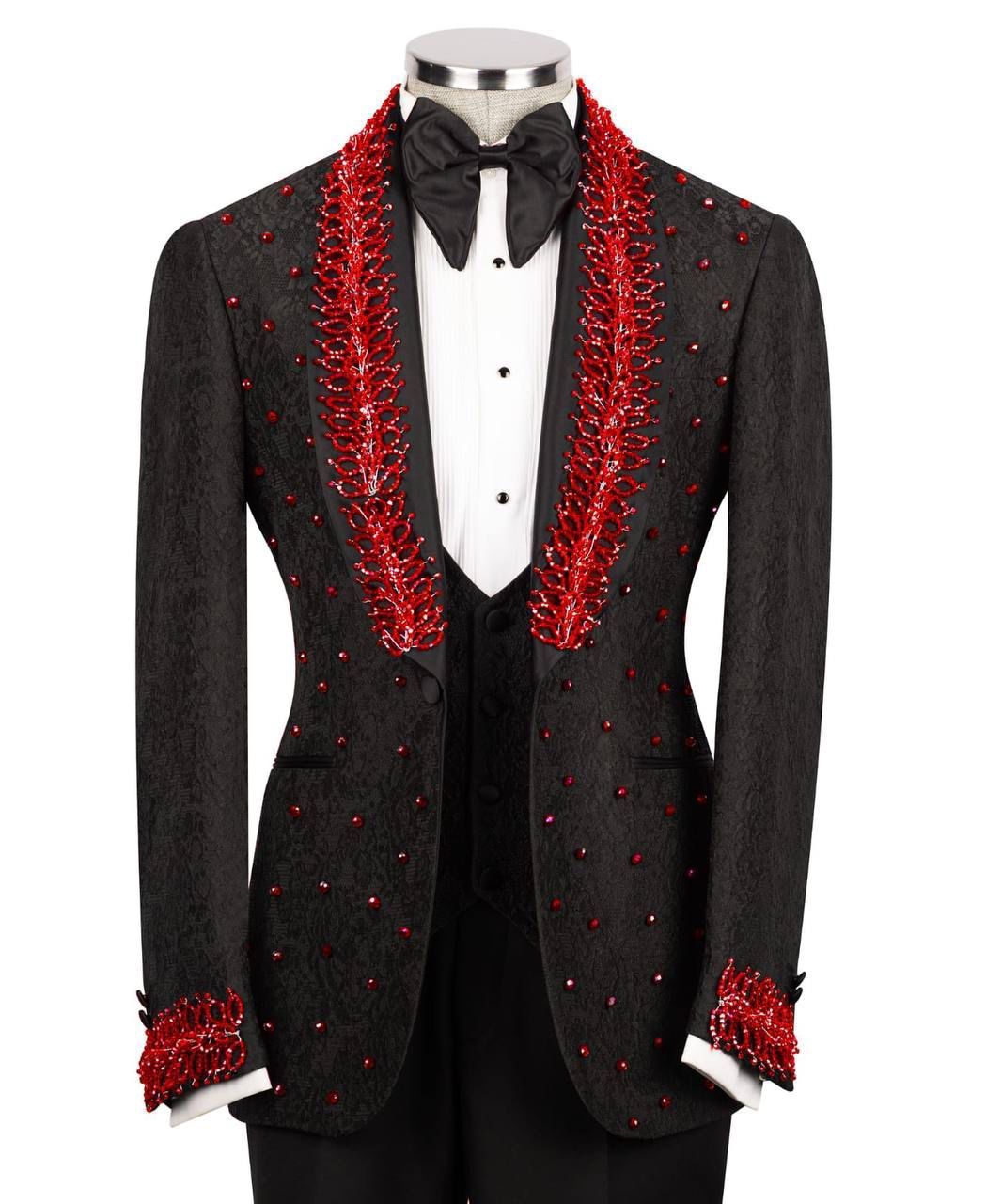 ORIGINAL MILANO –3Pcs Black & Ruby Red Royal Embellished Tuxedo
