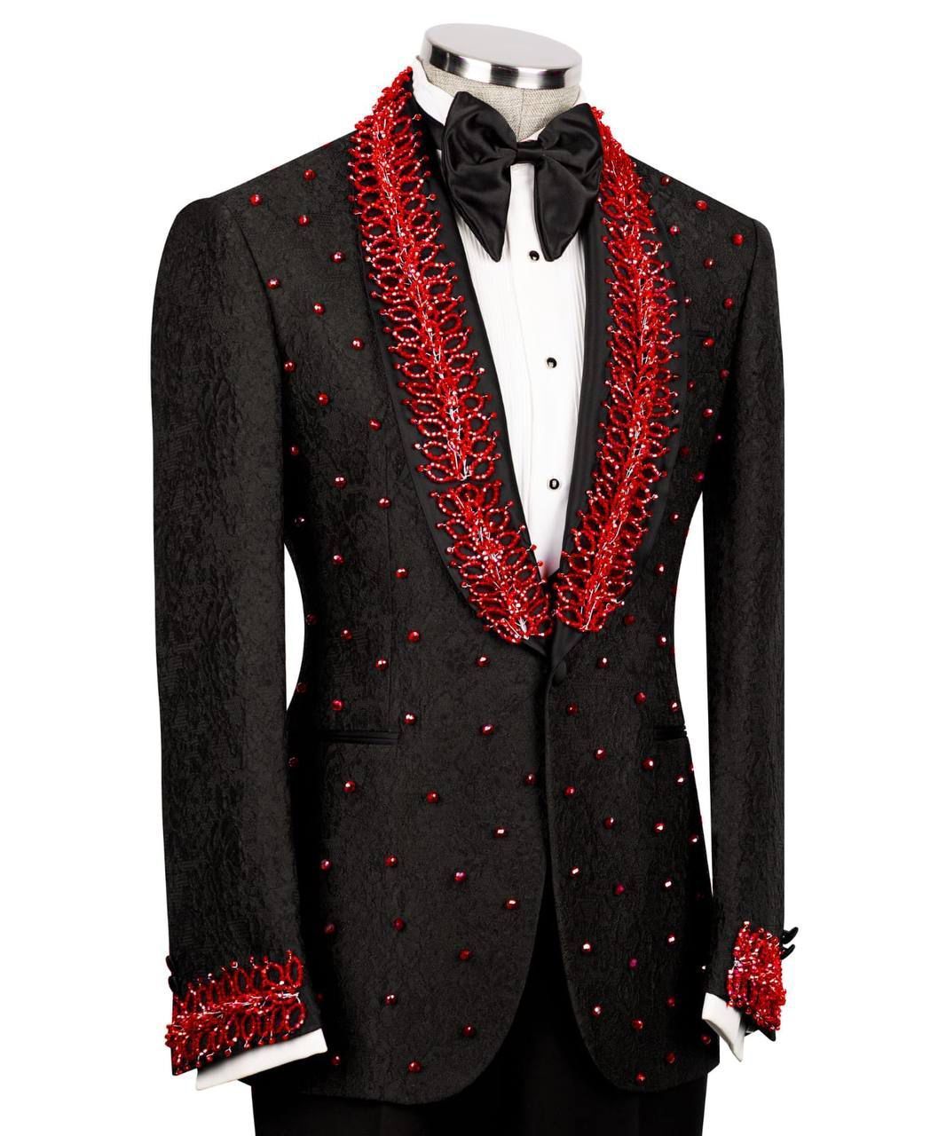 ORIGINAL MILANO –3Pcs Black & Ruby Red Royal Embellished Tuxedo