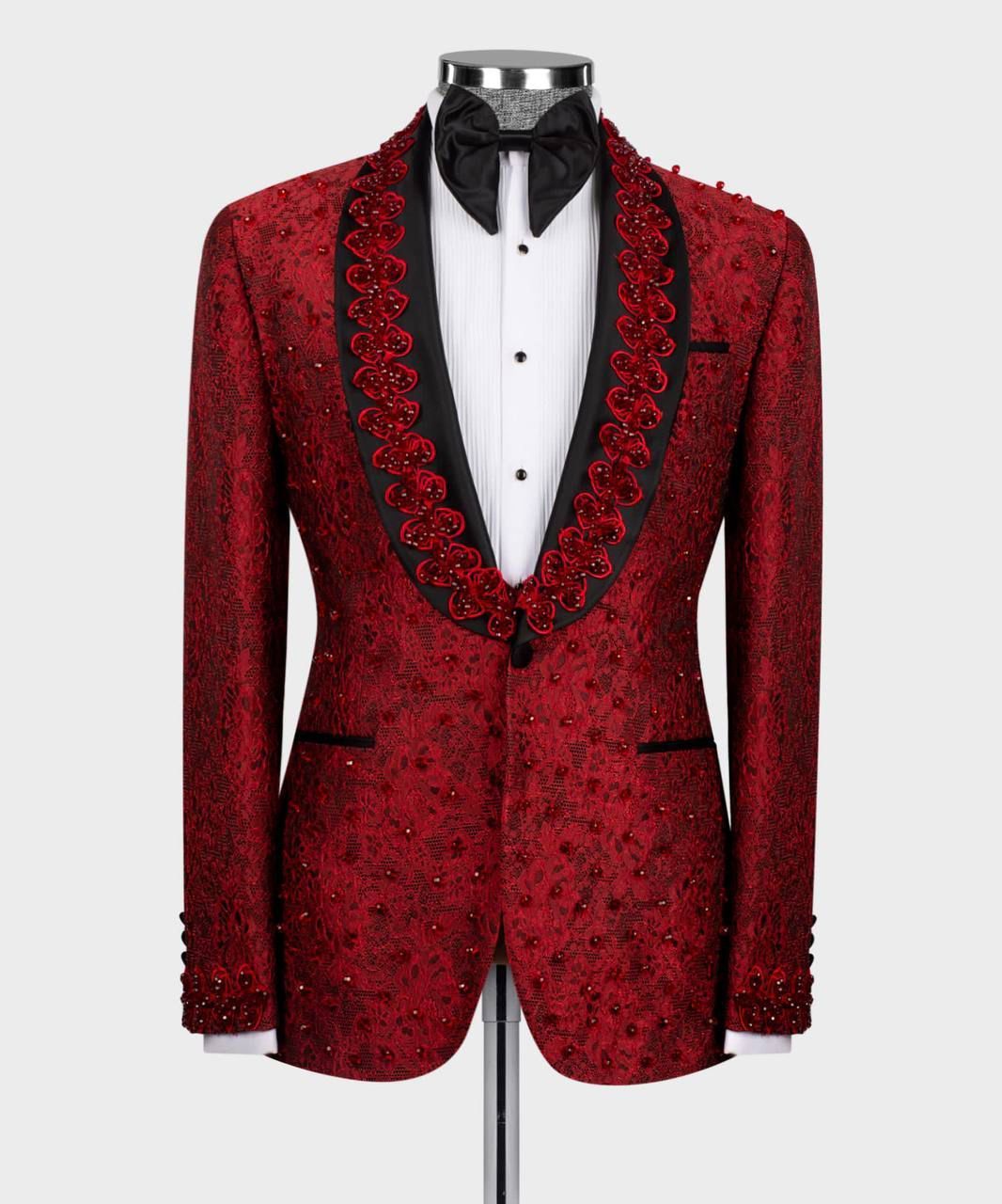 ORIGINAL MILANO –3Pcs Royal Crimson Embellished Tuxedo Jacket