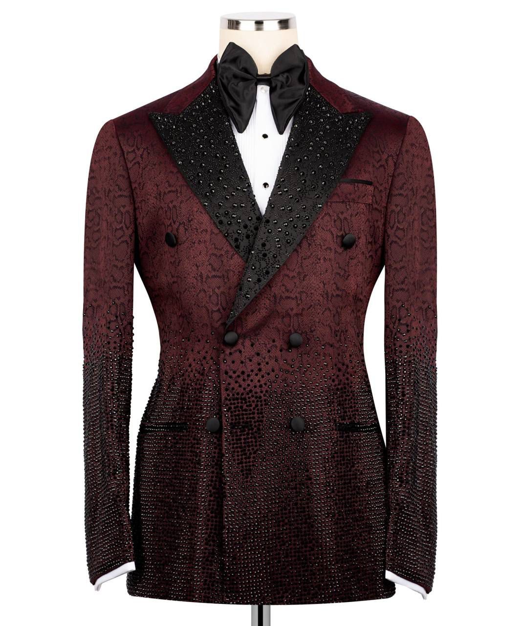 ORIGINAL MILANO --3Pcs Royal Burgundy Crystal Double-Breasted Tuxedo