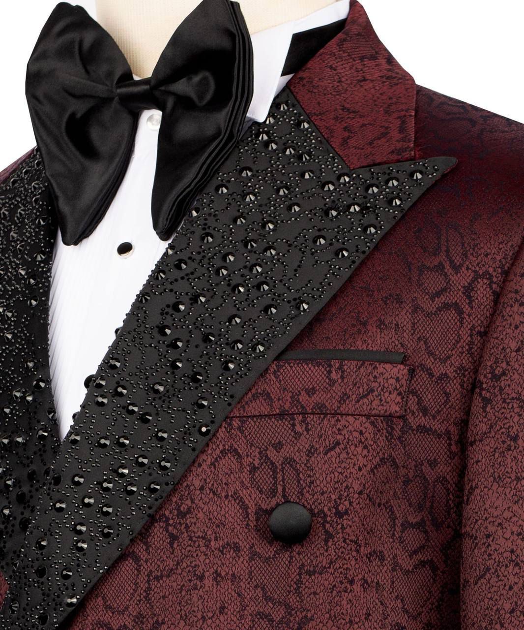 ORIGINAL MILANO --3Pcs Royal Burgundy Crystal Double-Breasted Tuxedo
