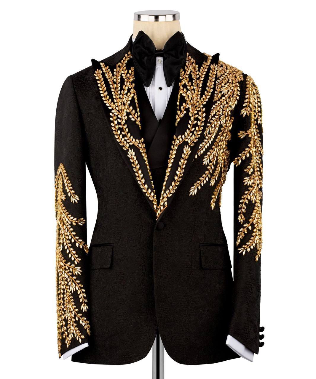 ORIGINAL MILANO – 3Pcs Royal Black & Gold Embroidered Tuxedo