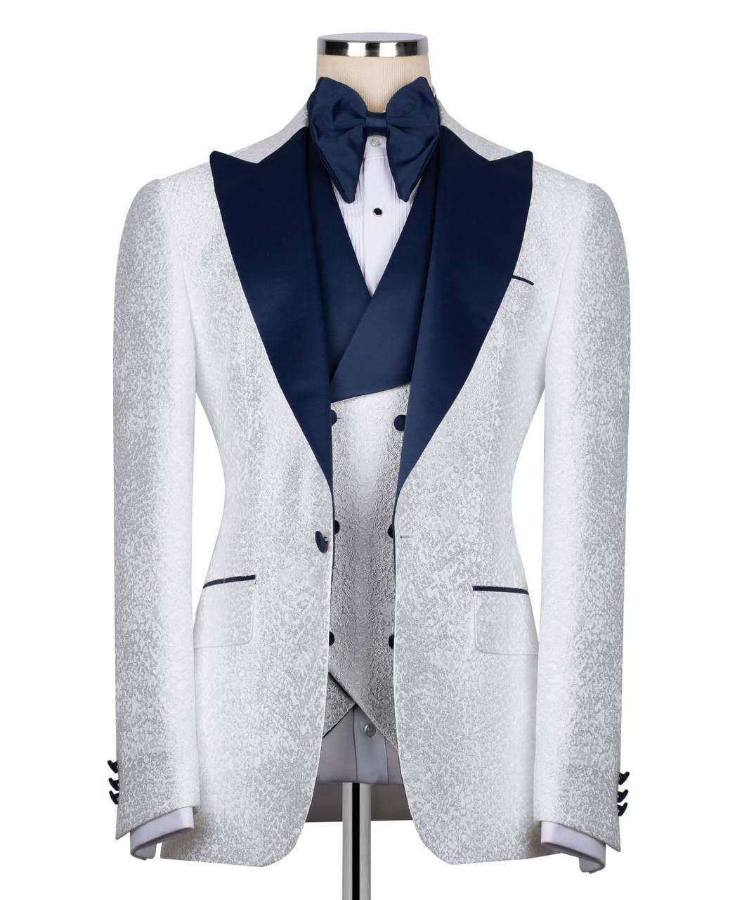 ORIGINAL MILANO –3Pcs Ivory Jacquard Tuxedo with Navy Shawl Lapel