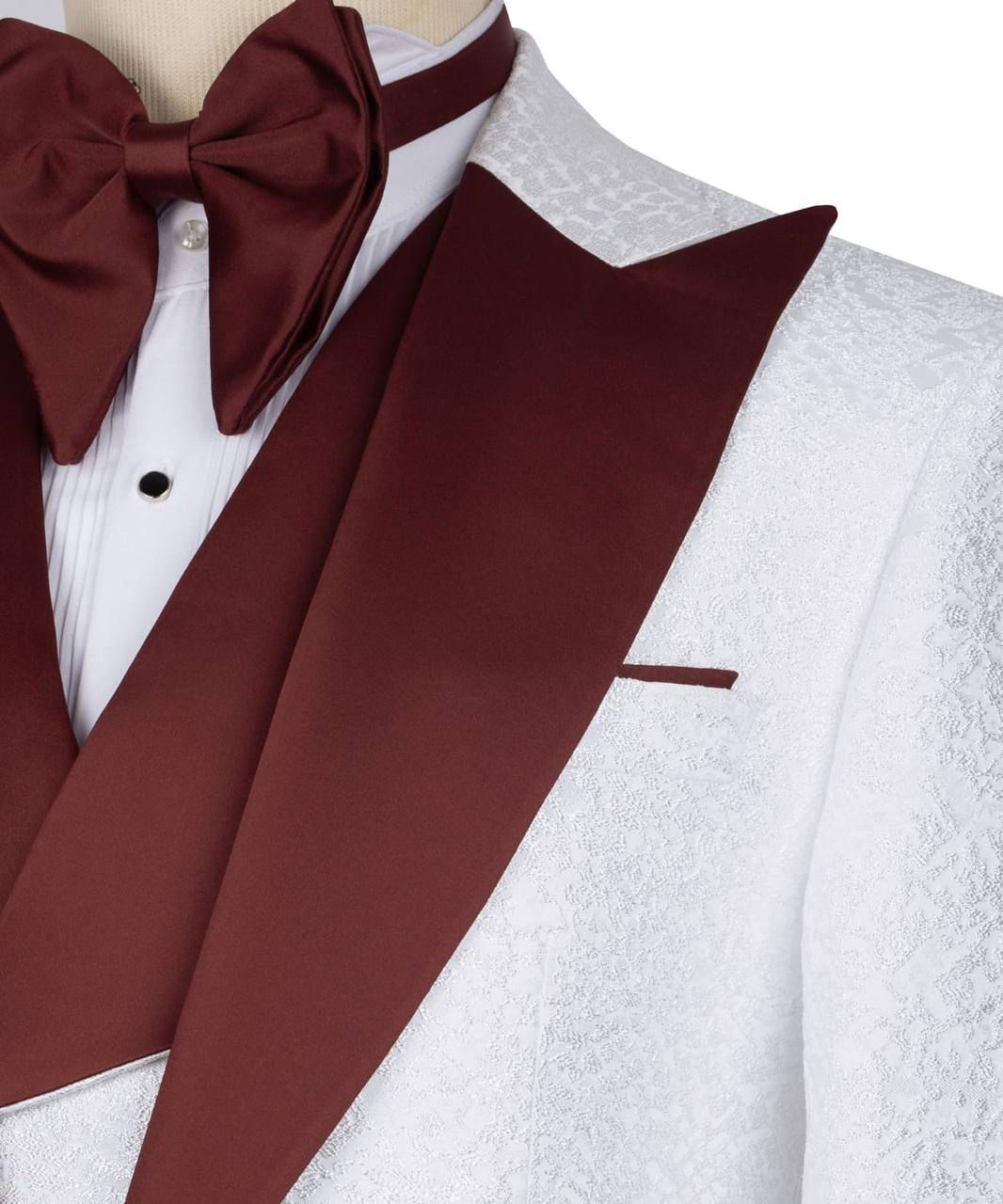 ORIGINAL MILANO –3Pcs Ivory Jacquard Tuxedo with Burgundy Shawl Lapel
