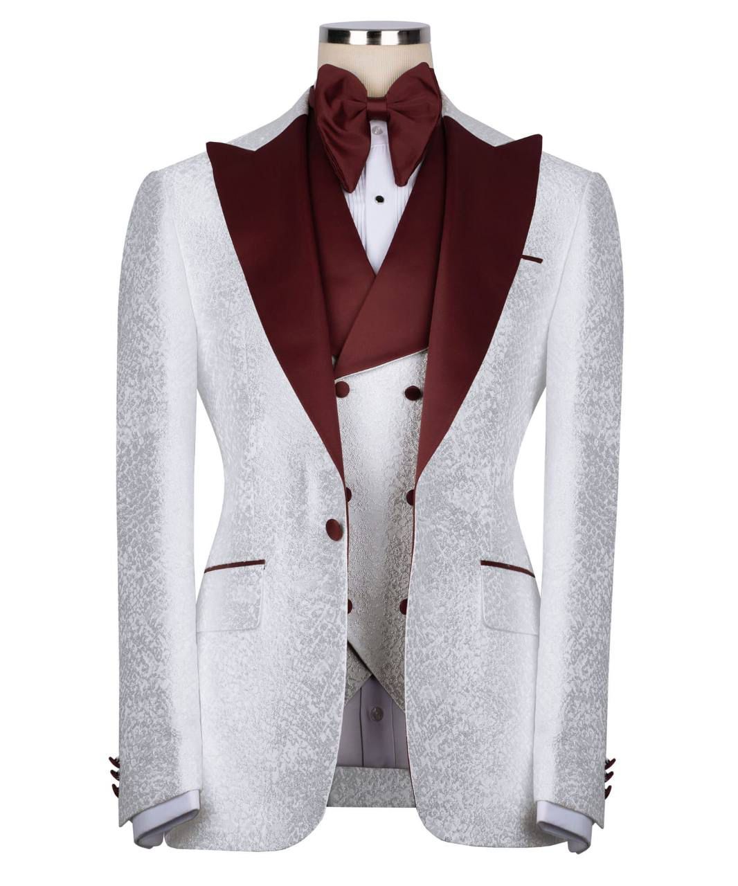ORIGINAL MILANO –3Pcs Ivory Jacquard Tuxedo with Burgundy Shawl Lapel