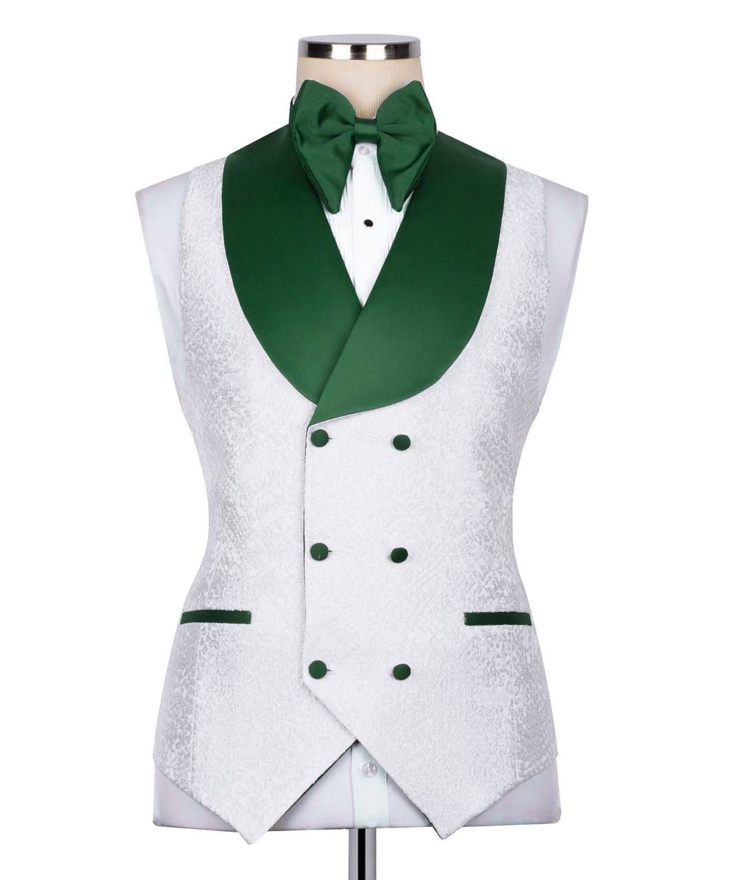 ORIGINAL MILANO –3Pcs Ivory Jacquard Tuxedo with Emerald Green Shawl Lapel