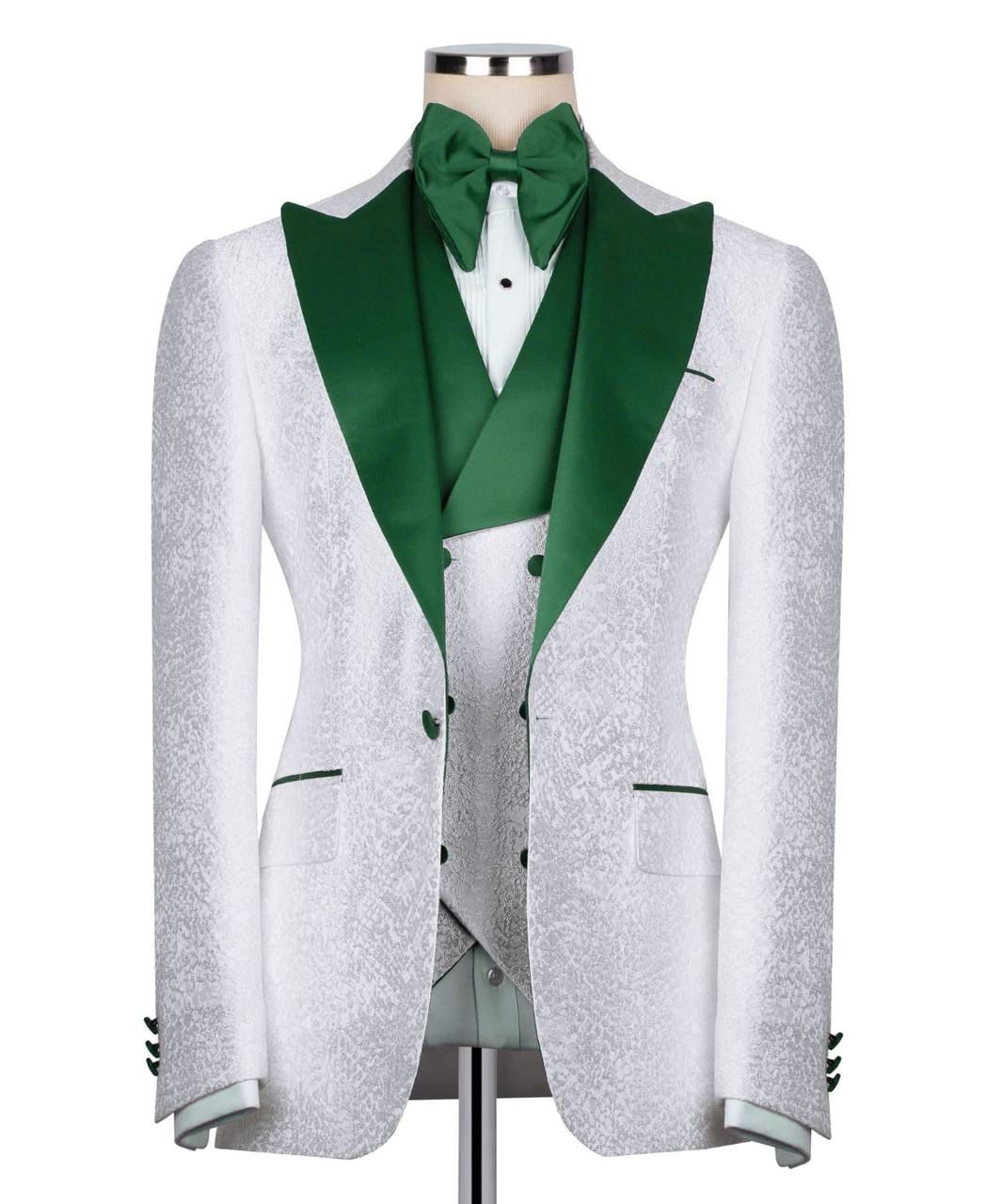 ORIGINAL MILANO –3Pcs Ivory Jacquard Tuxedo with Emerald Green Shawl Lapel