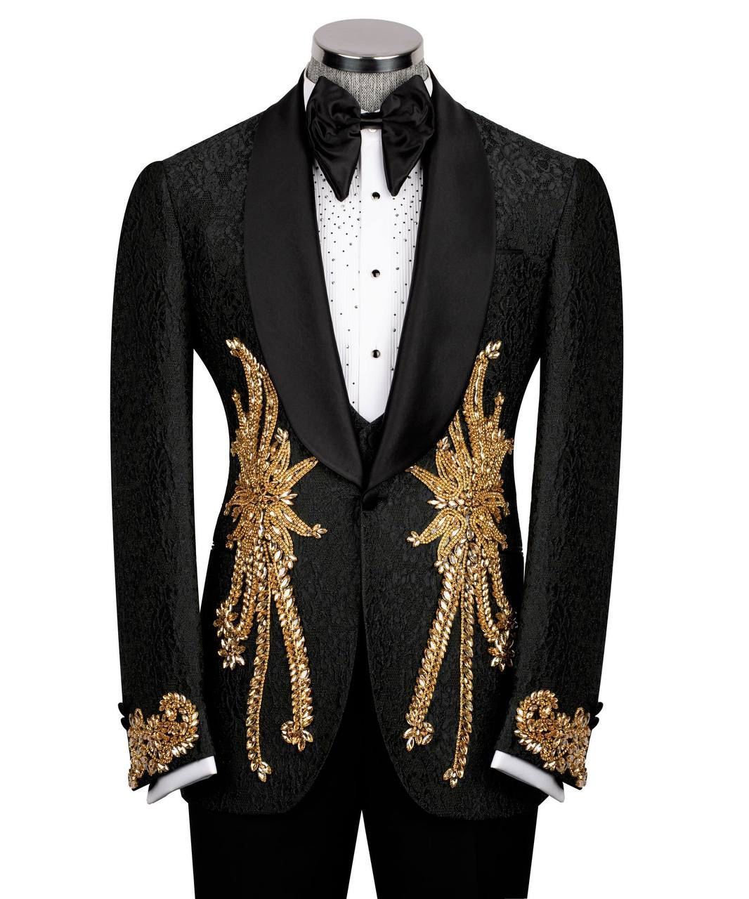 ORIGINAL MILANO – 3Pcs Black & Gold Royal Embroidered Tuxedo