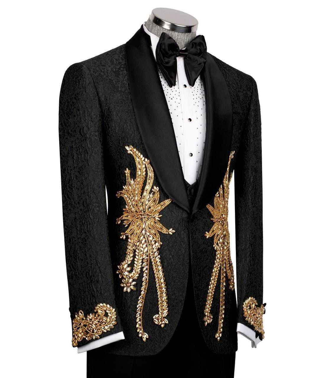 ORIGINAL MILANO – 3Pcs Black & Gold Royal Embroidered Tuxedo