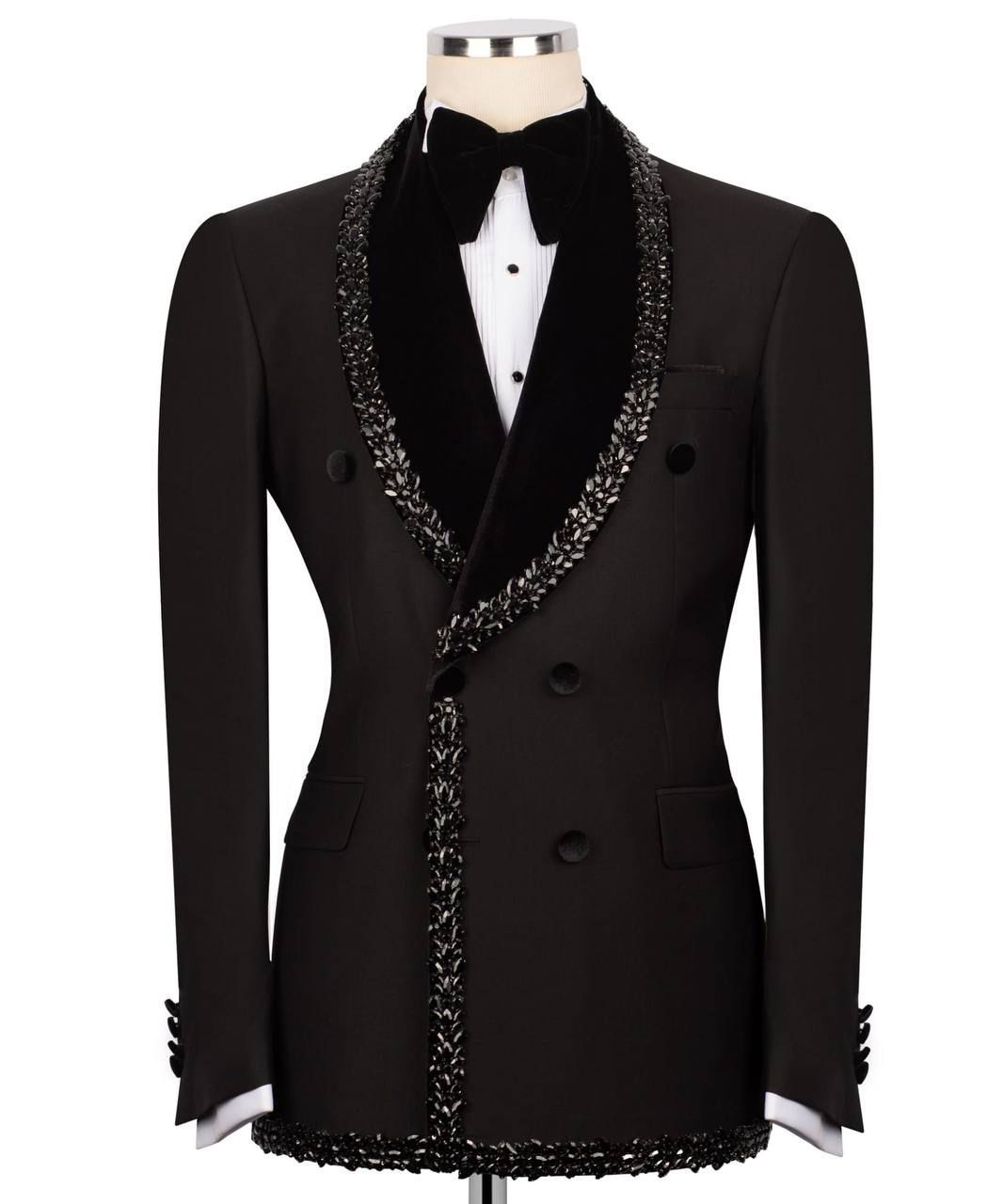 ORIGINAL MILANO –2Pcs Black Velvet Crystal Trim Double-Breasted Tuxedo
