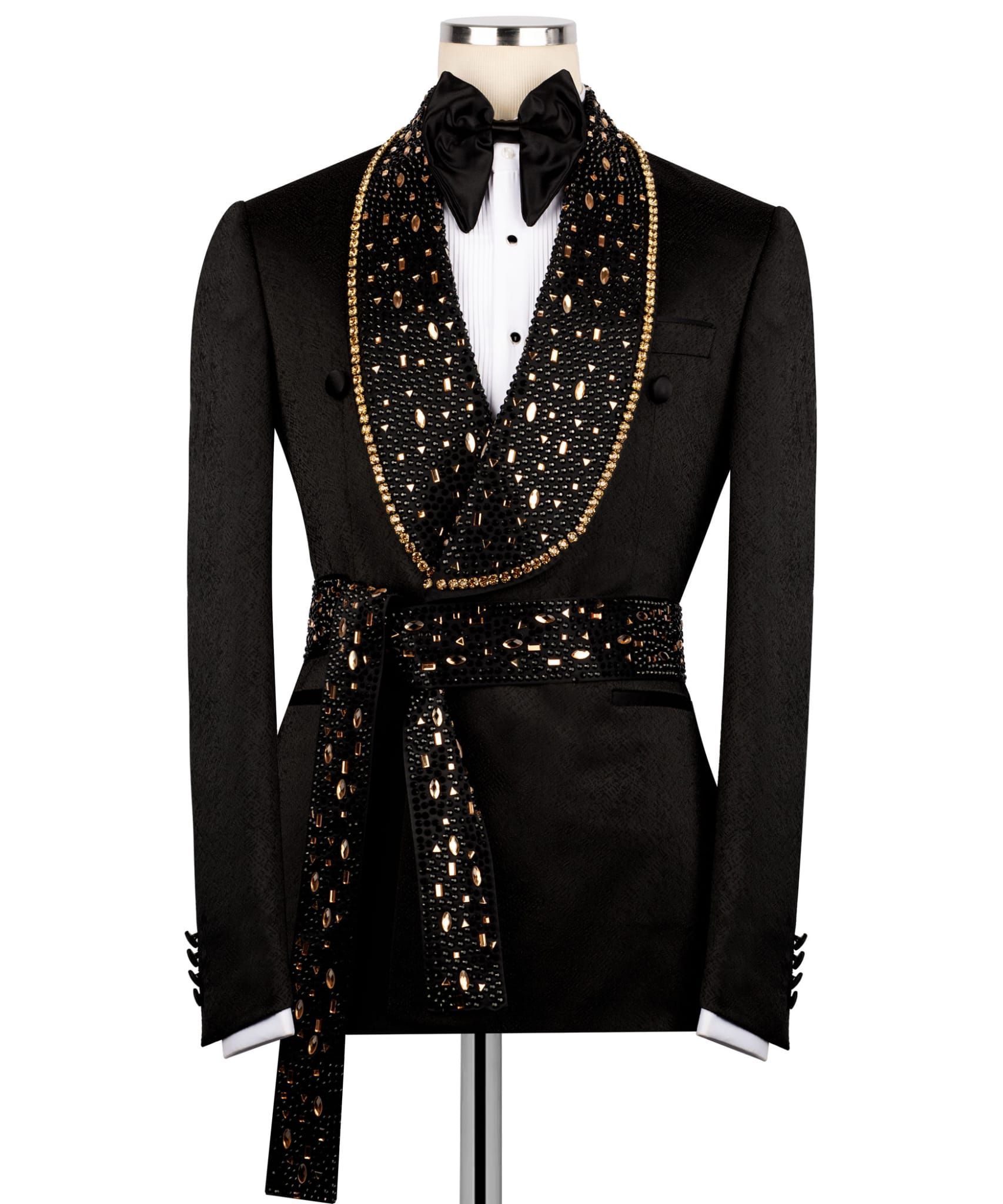 ORIGINAL MILANO –2Pcs Black & Gold Crystal Couture Tuxedo Jacket with Embellished Belt
