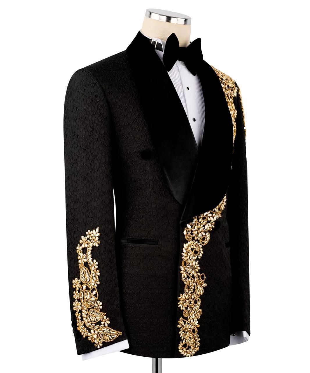 ORIGINAL MILANO –2Pcs Black & Gold Royal Embroidered Tuxedo Jacket