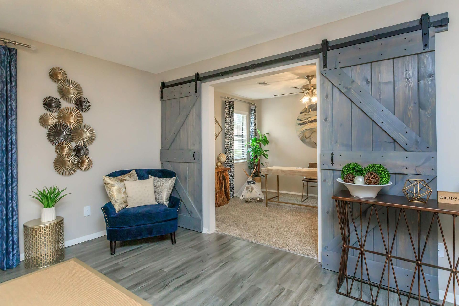 Dining room with sliding doors at The Arbors.