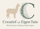 Logo for Creatief uit Eigen Tuin met beige alpaca, groene bloemige C, en ondertiteling “Workshops & Alpaca-Belevingen”