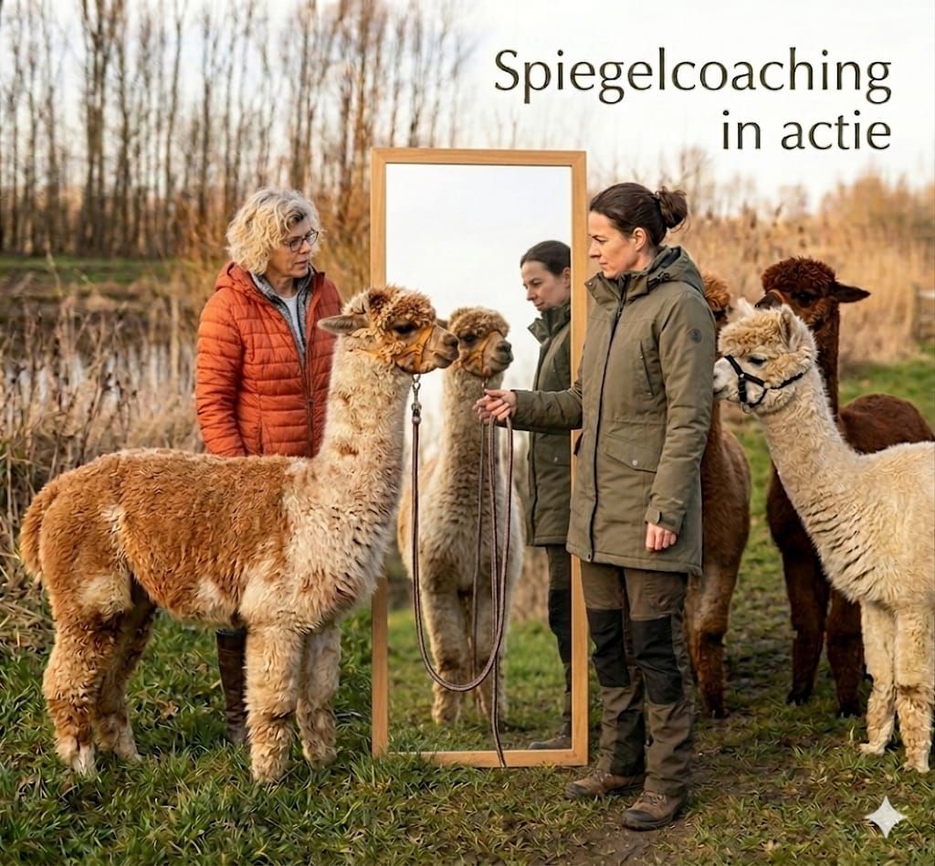 Drie mensen en alpaca's staan buiten bij een spiegel met de tekst