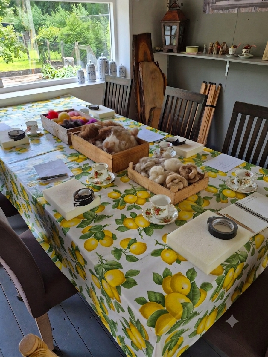 Voorbereiding voor een workshop naaldvilten met schapen-, alpaca en gekleurde wol.