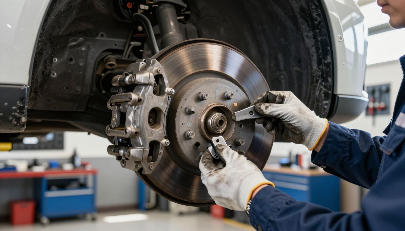 A technician wearing gloves works on a car's exposed disc brake assembly in a repair shop.