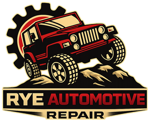 Logo of Rye Automotive Repair with a red Jeep on rocks, and a gear shape in the background.