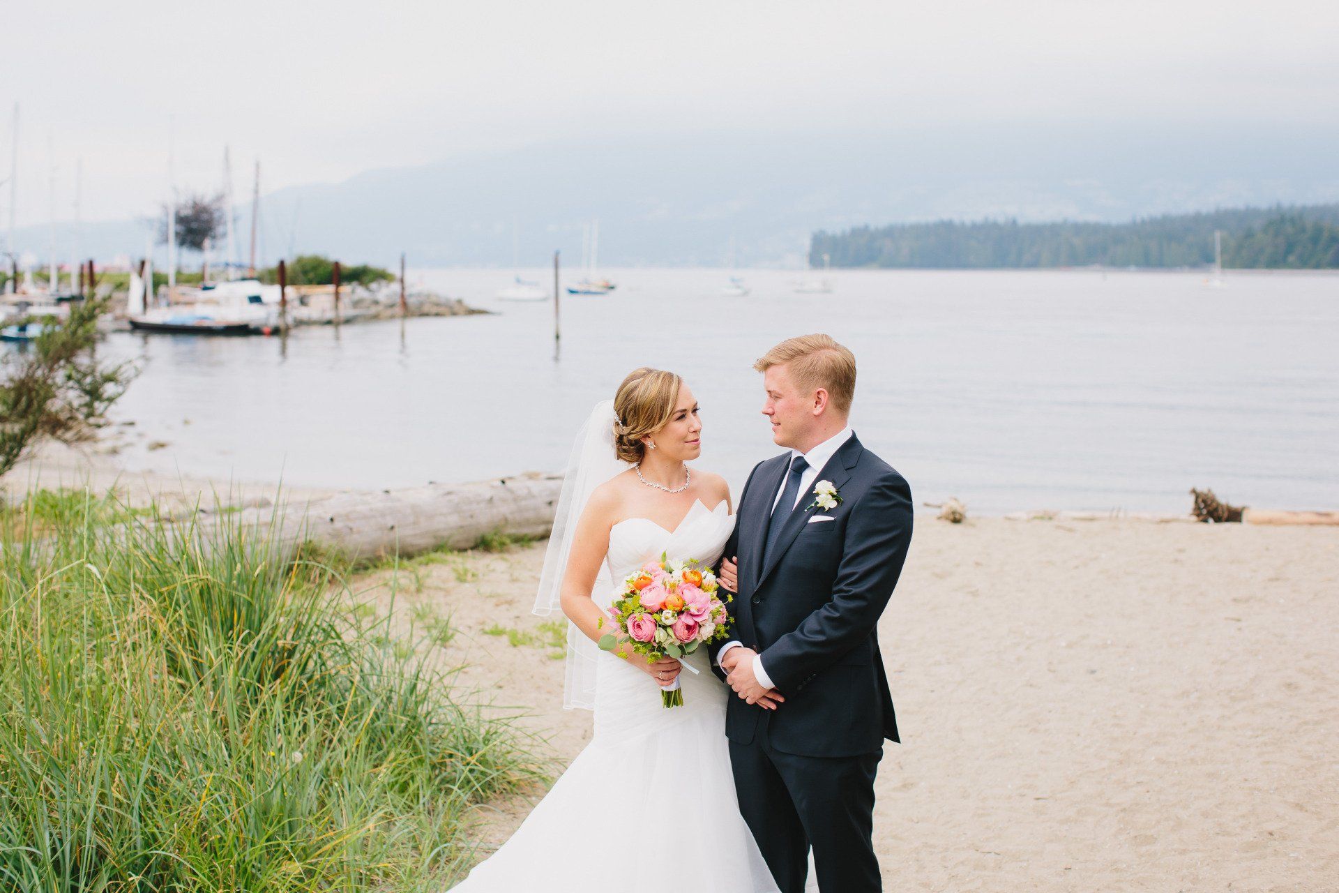 Bride and groom looking into each others eyes