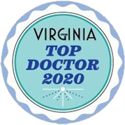 The logo for Virginia Top Doctor 2020 is a blue circle with a white border.