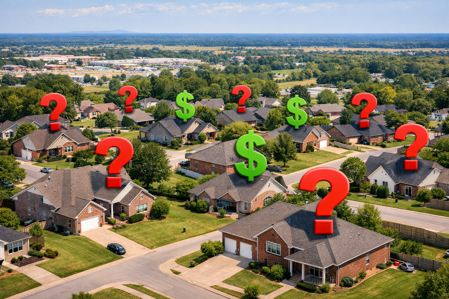 Aerial view of a suburban neighborhood with question marks and dollar signs hovering above houses, signifying real estate value.
