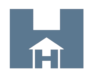 Blue square with white house-shaped 