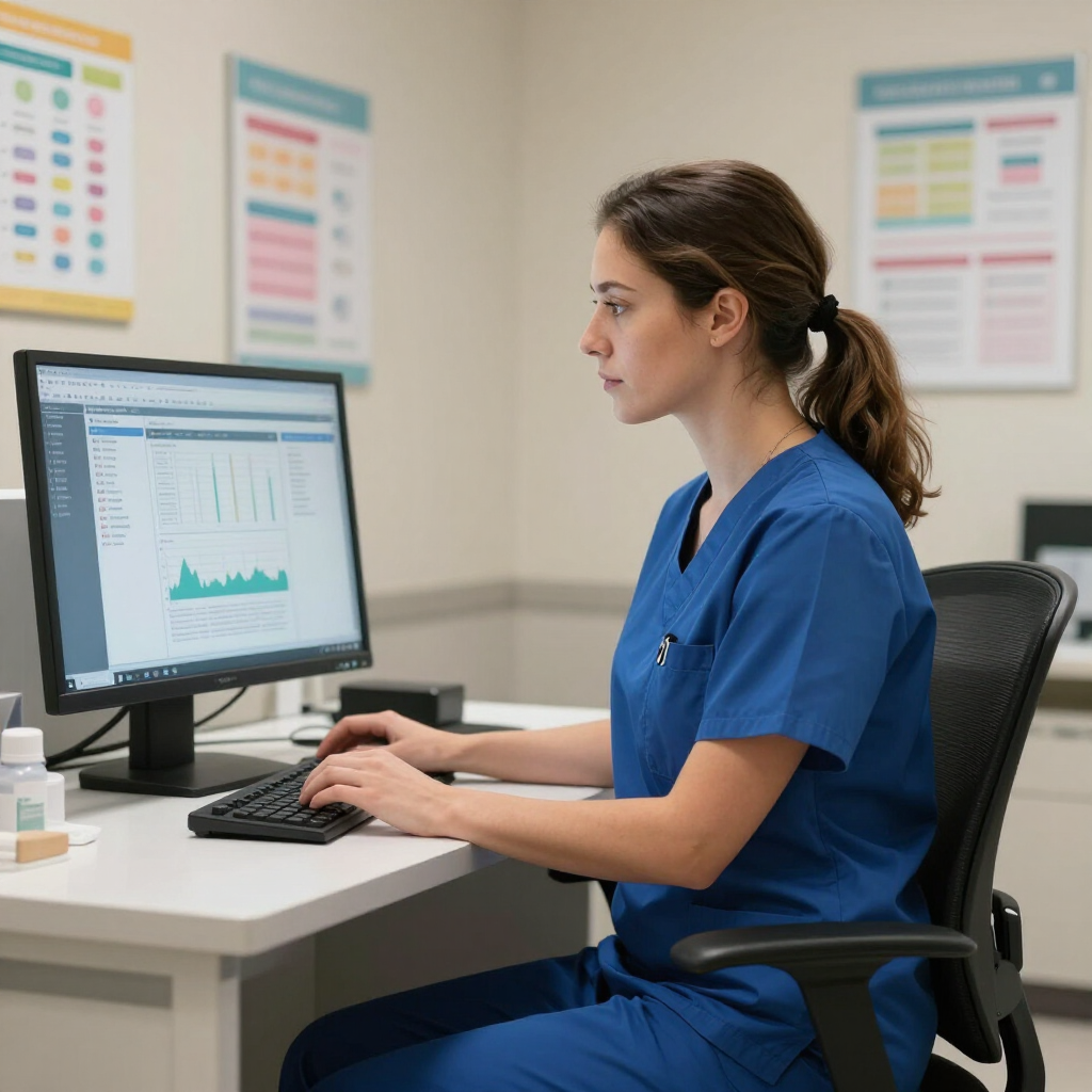 nurse at computer workstation EHR