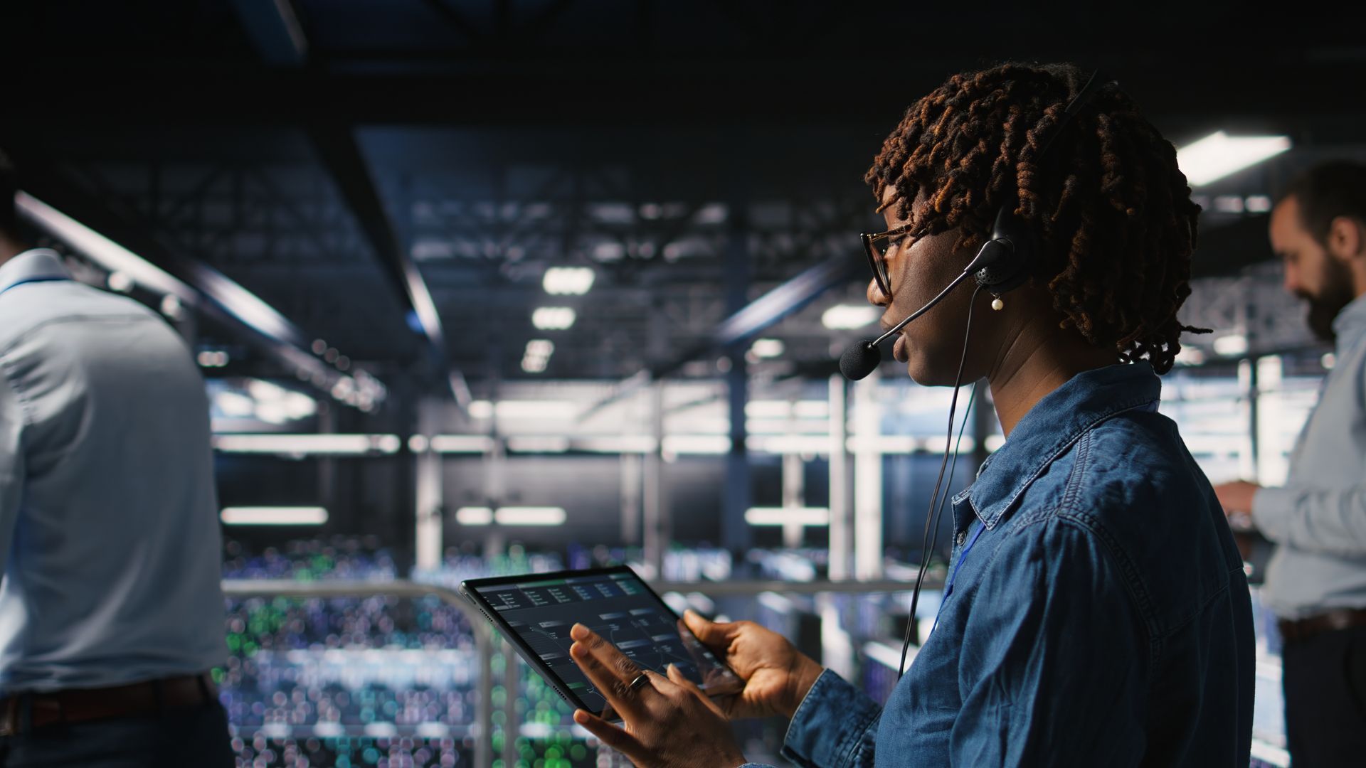 Woman with headset monitors data on a tablet in a server room.