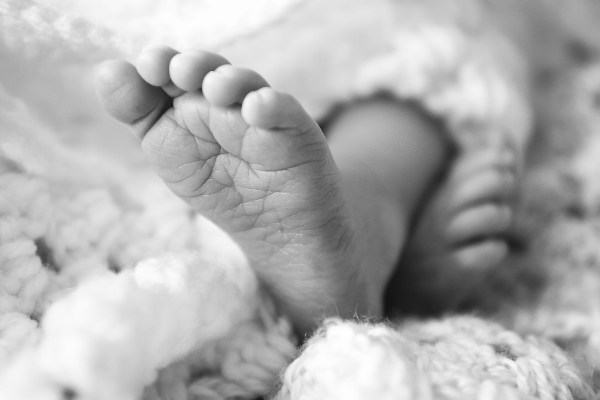 A black and white photo of a baby 's feet laying on a blanket.