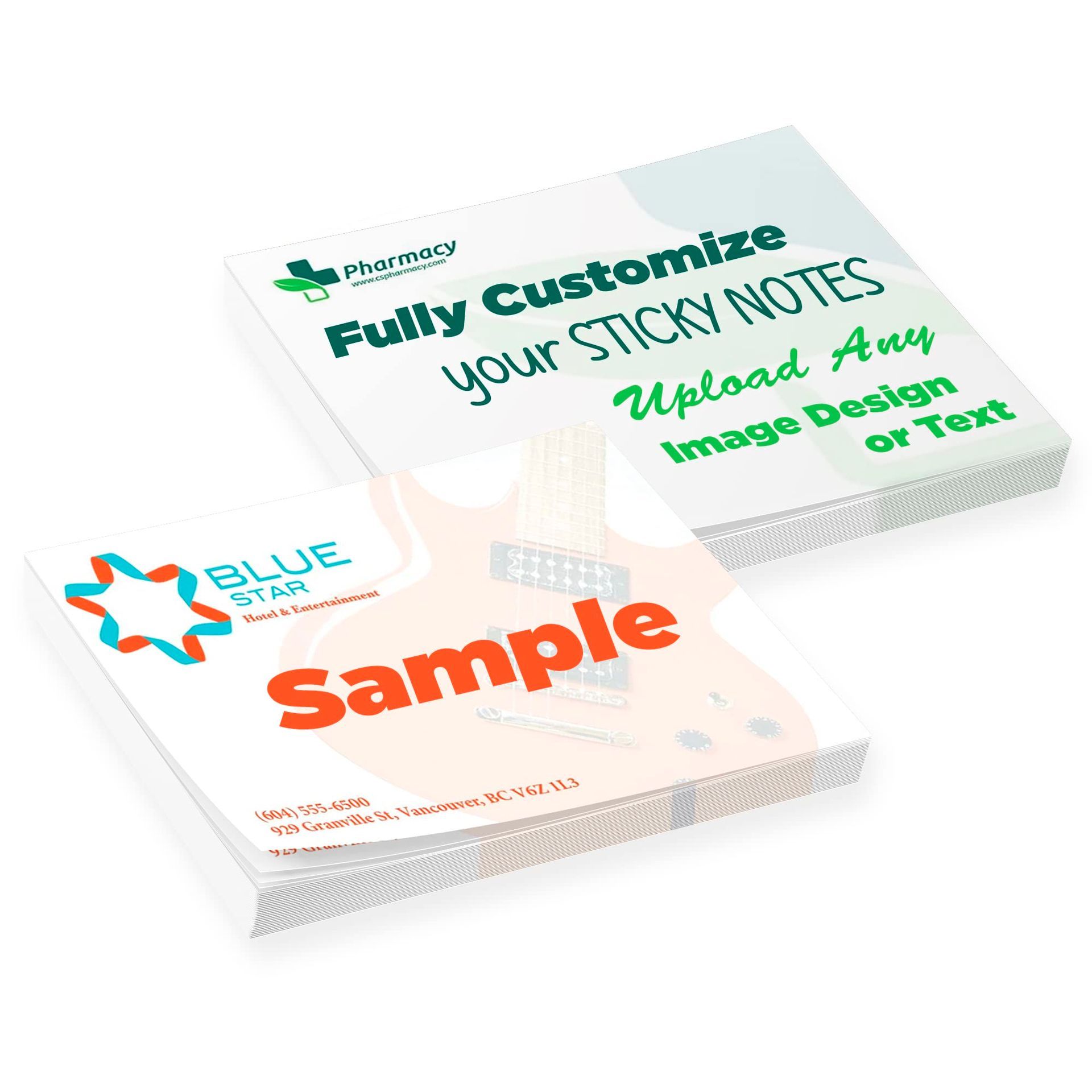 Two stacks of customizable sticky notes, one with a guitar image and