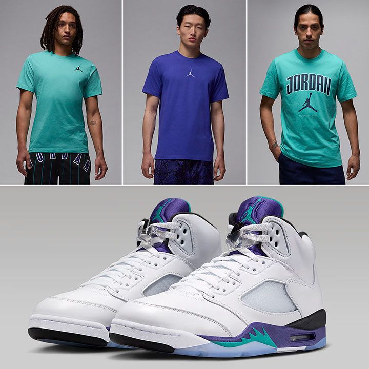 Three men wearing teal and purple Jordan shirts and basketball shoes.