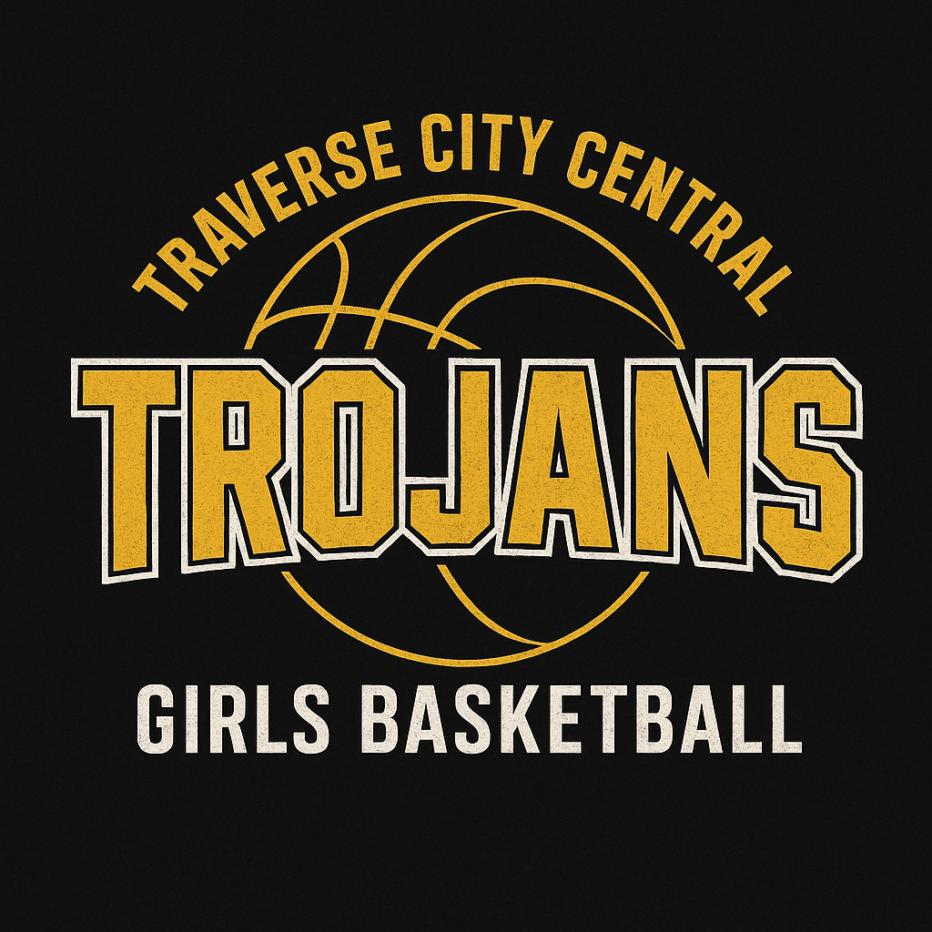 Traverse City Central Trojans Girls Basketball logo on black background with gold text and a basketball.