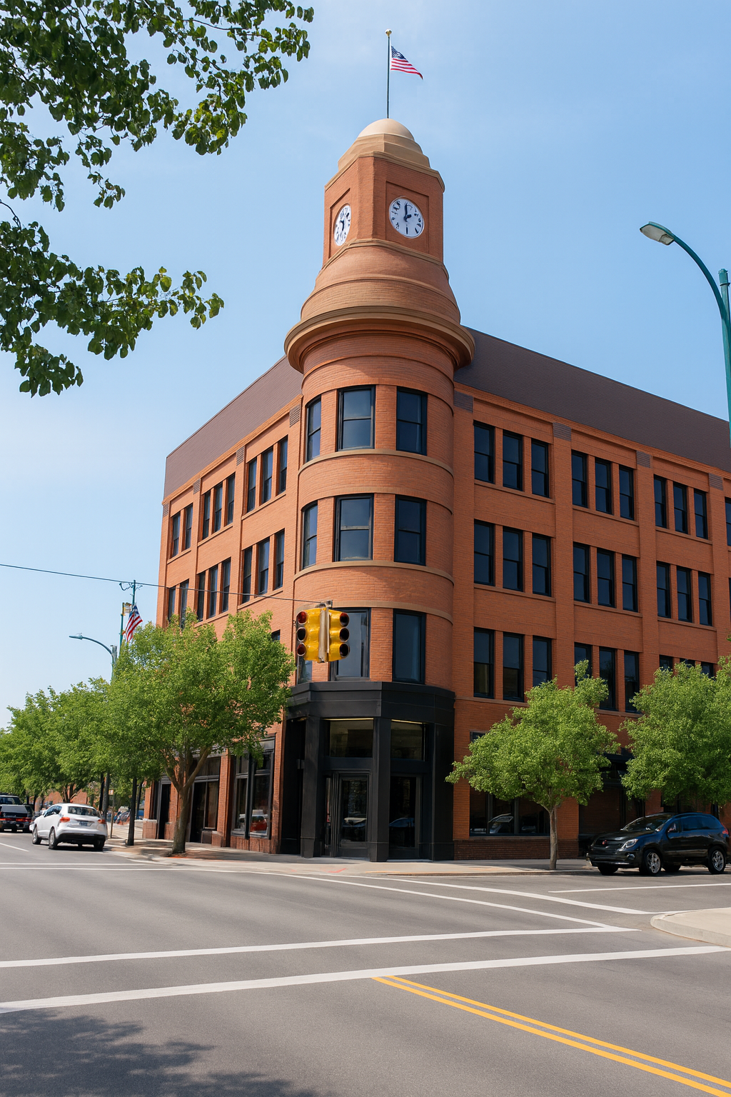 Brick building with clock tower on a corner, trees, street, and clear blue sky.