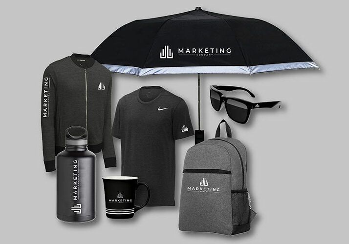 Promotional items: black umbrella, jacket, shirt, sunglasses, backpack, water bottle, and mug, all branded with a logo.