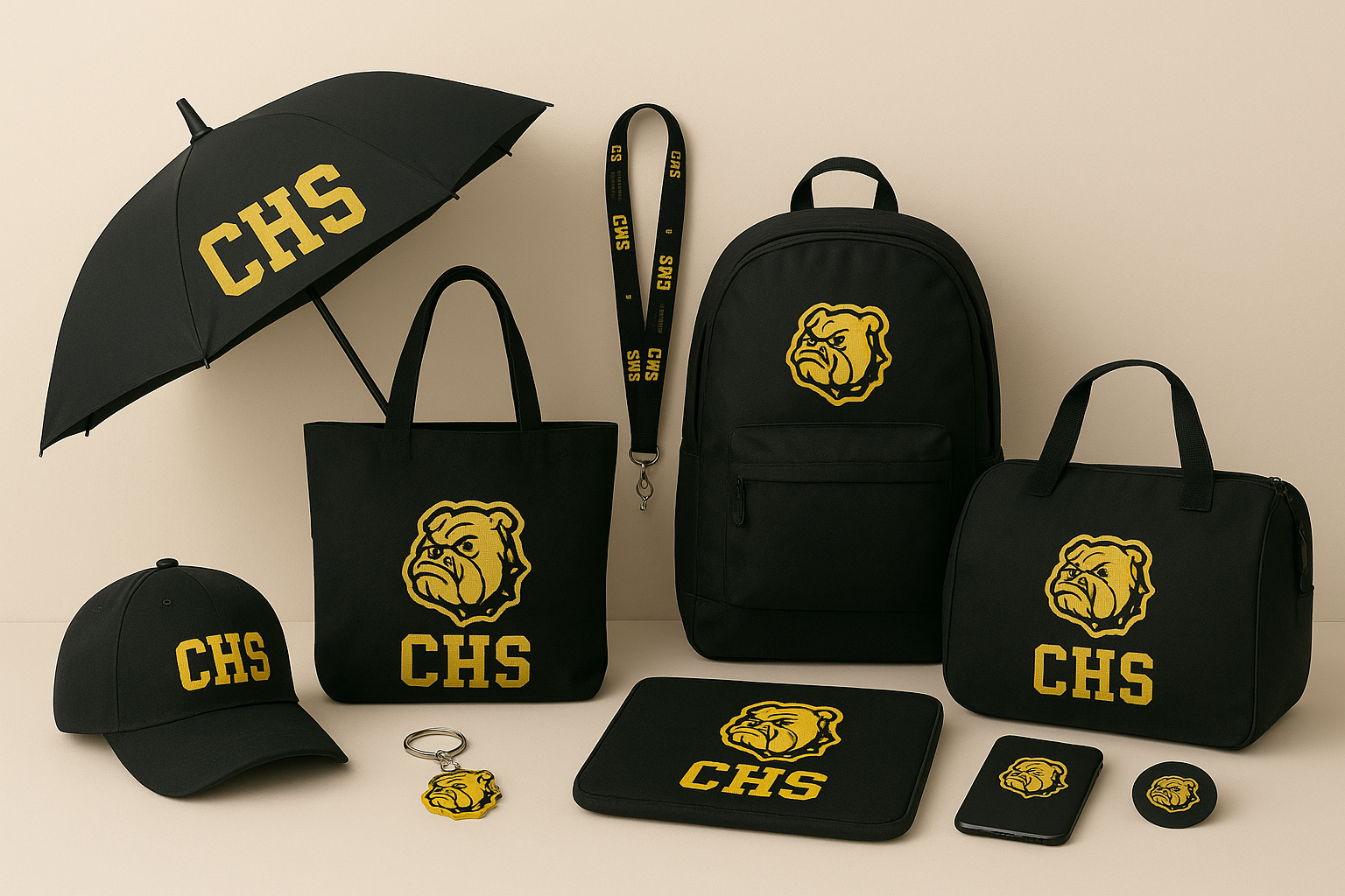 Black and gold school merchandise: umbrella, tote bags, backpack, hat, keychain, and more with a Bulldog emblem.