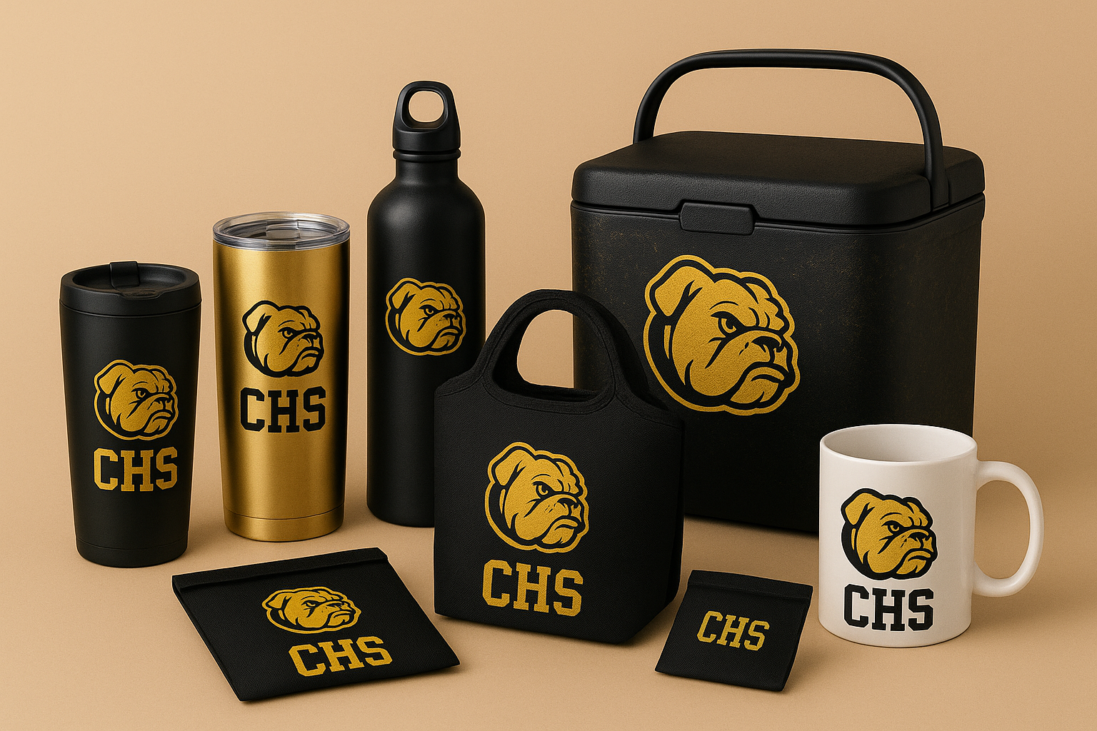 Black and gold bulldog-themed merchandise: water bottles, cooler, mugs, tumbler, lunch bag, coasters.
