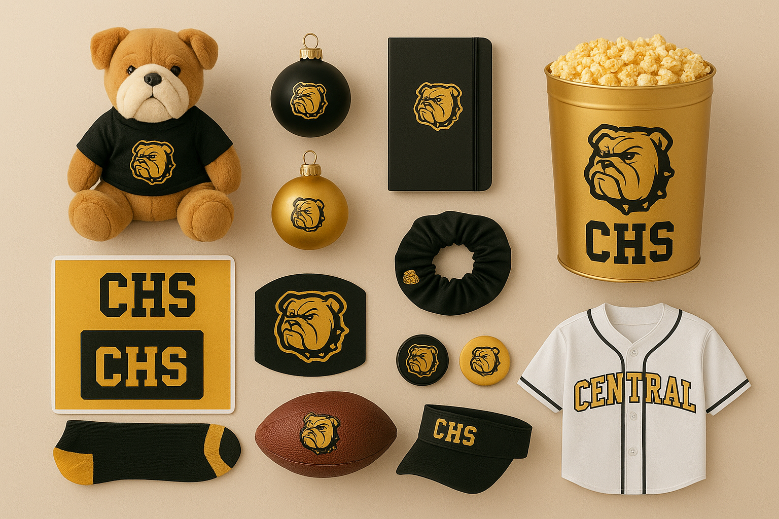 CHS merchandise collection: teddy bear, ornaments, notebook, popcorn, baseball jersey, patches, football, visor, socks.