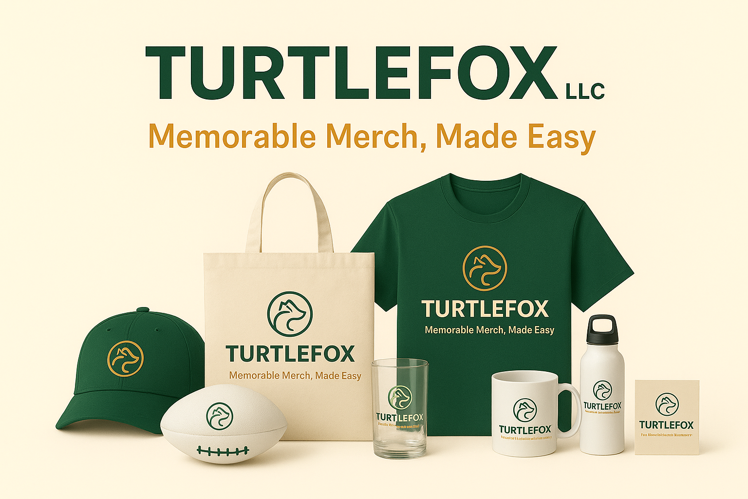 Merchandise display: Green Turtlefox logo on cap, shirt, tote, water bottle, tumbler, mug, football, and card.