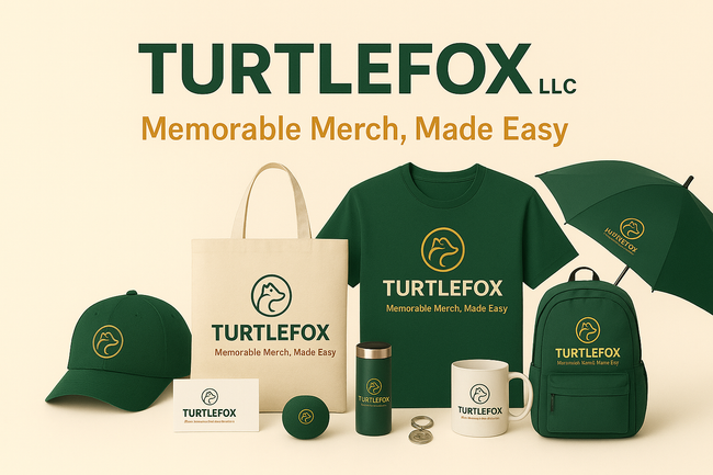 Promotional merchandise from Turtlefox LLC, including a hat, tote bag, tee, and umbrella, all with logo.