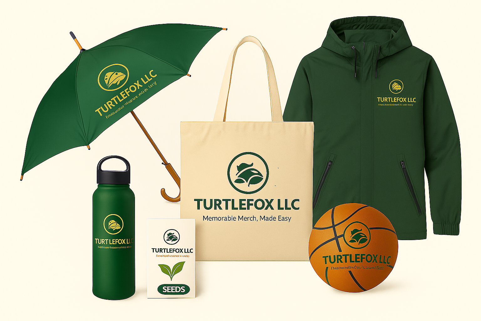 Merchandise set featuring TurtleFox LLC logo in green and gold: umbrella, jacket, water bottle, tote bag, basketball, and a box.