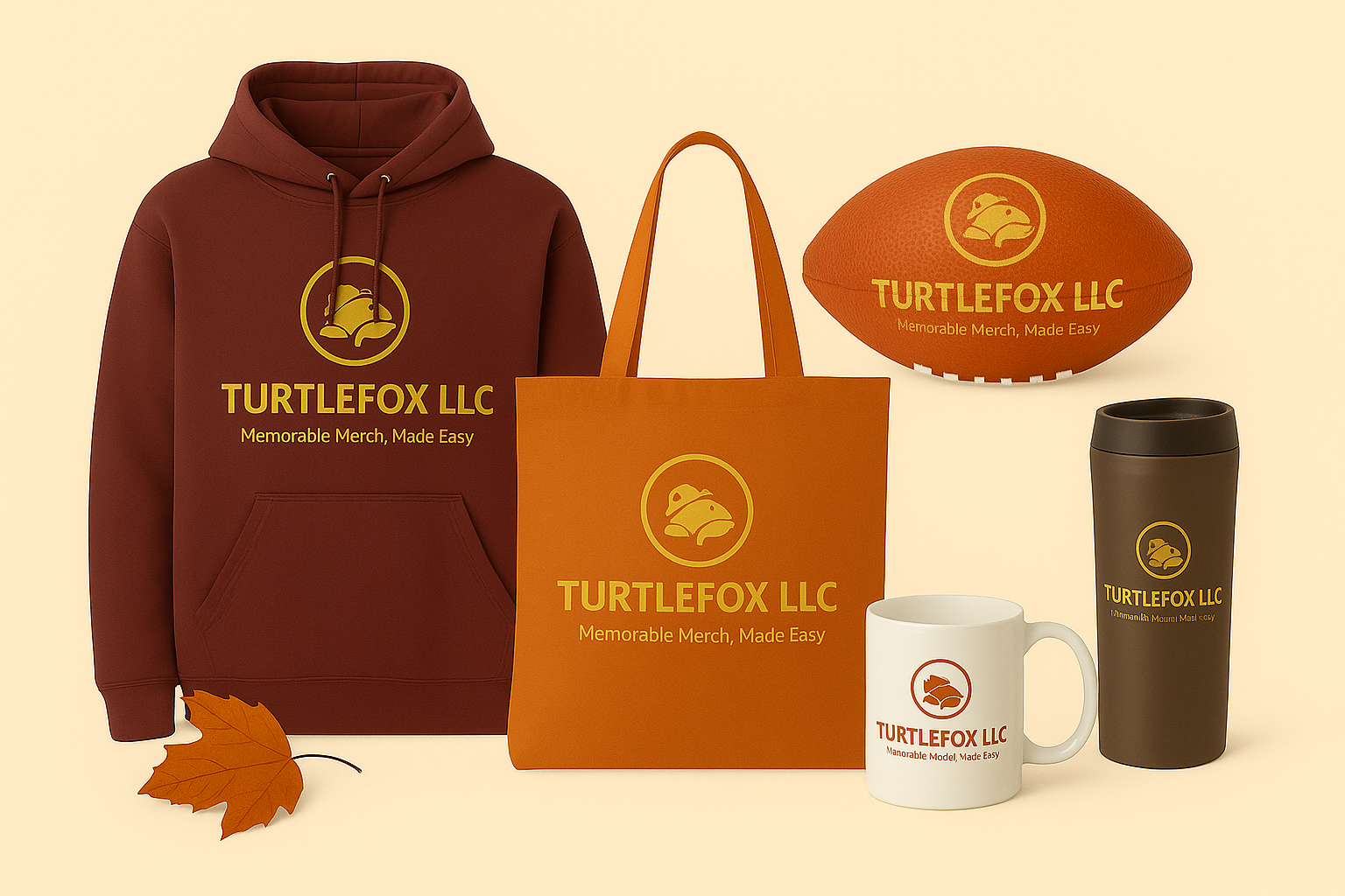 Promotional items: a maroon hoodie, tote bag, football, mug, and thermos, all with a gold 