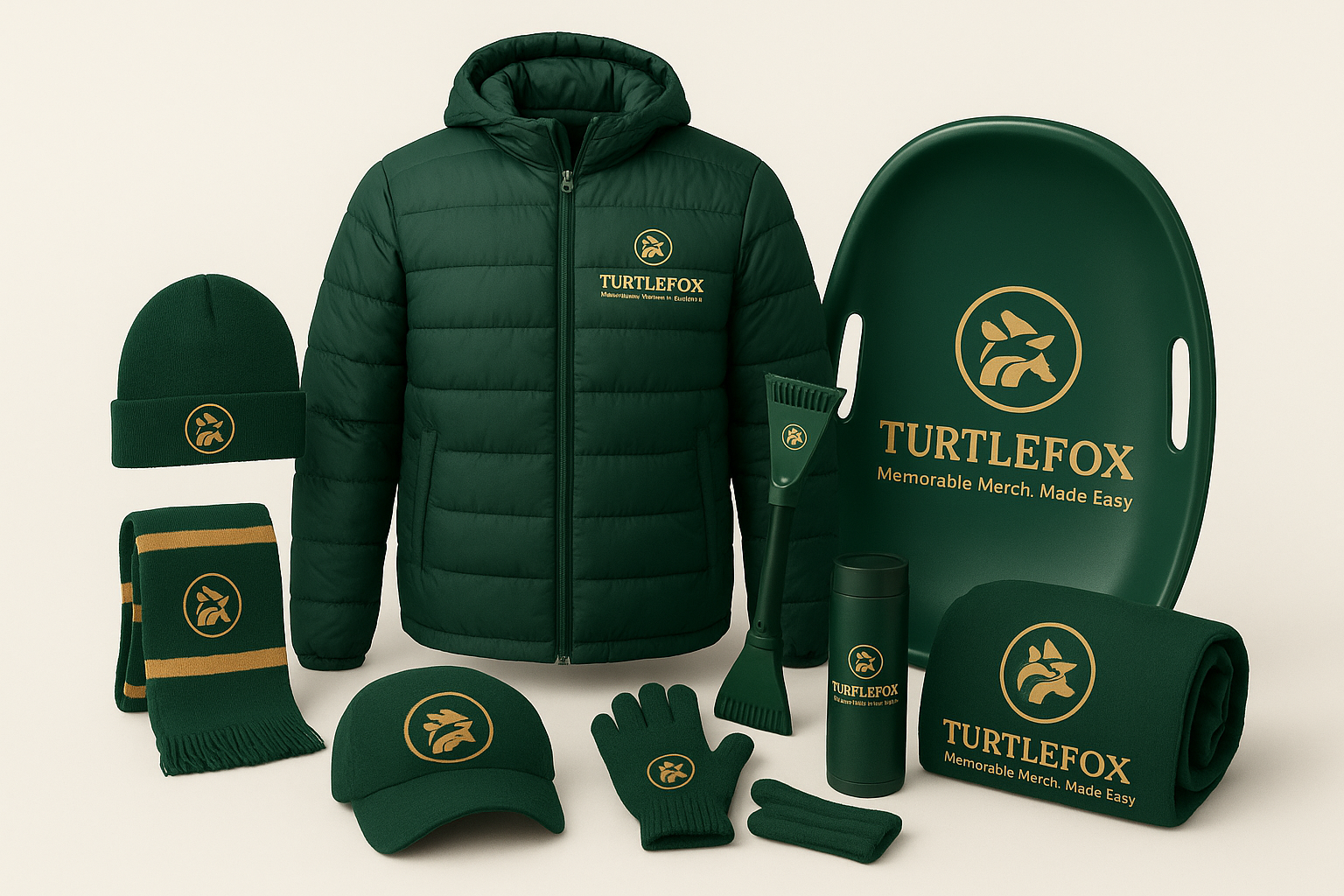 Merchandise set: cream hoodie, green beanies, mug, tumbler, scarf, gloves, and the Turtlefox LLC logo.