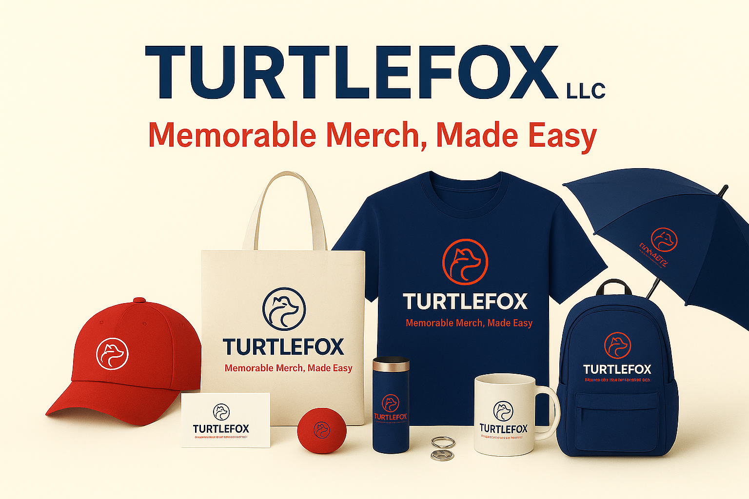 Merchandise display: Red cap, tote bag, t-shirt, umbrella, backpack, mug, water bottle, and more with the Turtlefox logo.