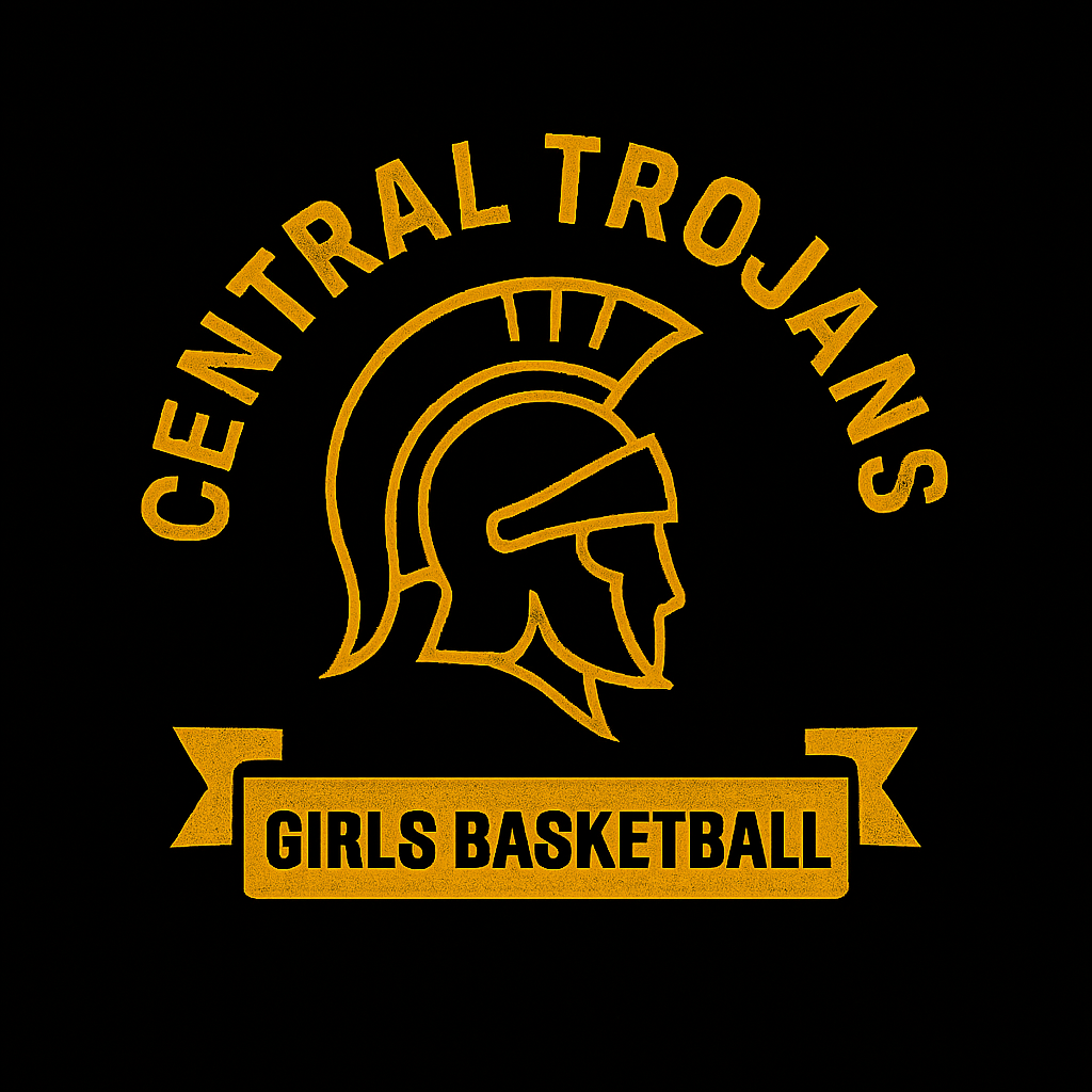 Central Trojans Girls Basketball logo: gold helmet and text on black background.