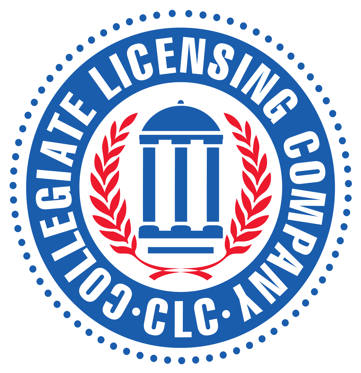 Logo for the Collegiate Licensing Company (CLC); blue circle with white text, red accents, and a building icon.